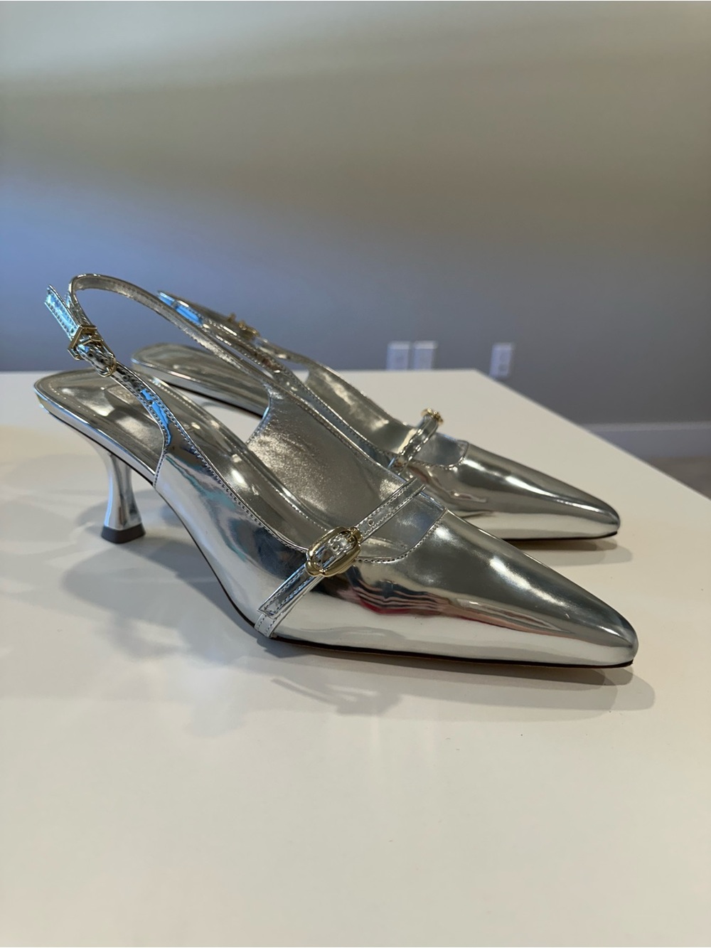 Larroude Silver Slingback Kitten Heels